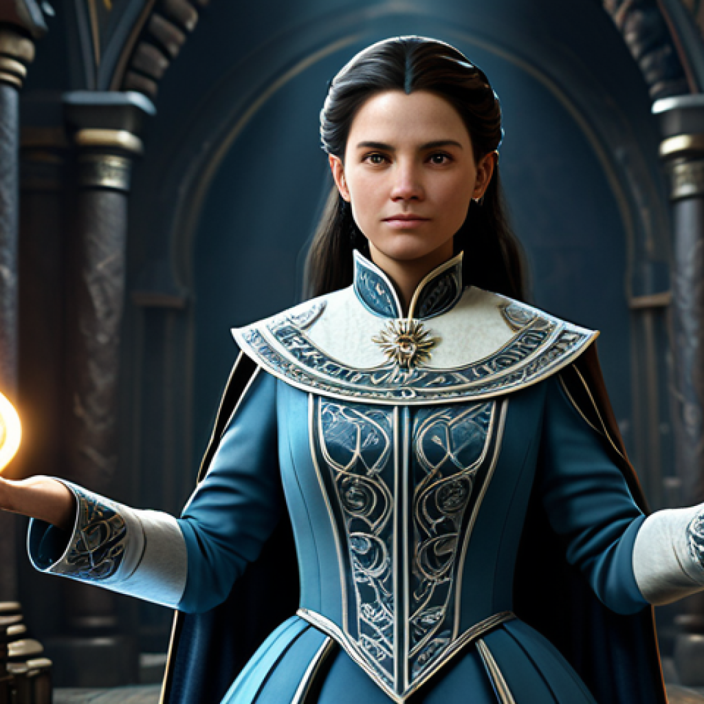 A professional female Arcanist character from the game Reverse: 1999 stands poised, embodying strategic depth. She wears a highly detailed, professional, and modest historical-inspired outfit with intricate patterns and rich textures, fully clothed, appropriate attire, professional dress. The background is a beautifully rendered, ethereal game world featuring subtle, time-bending visual effects and arcane symbols, hinting at the game's magical realism. This image is professional studio photography, high resolution, with soft cinematic lighting and intricate details, displaying perfect anatomy, correct proportions, natural body proportions, well-formed hands, and proper finger count. safe for work, appropriate content, fully clothed, modest, family-friendly.