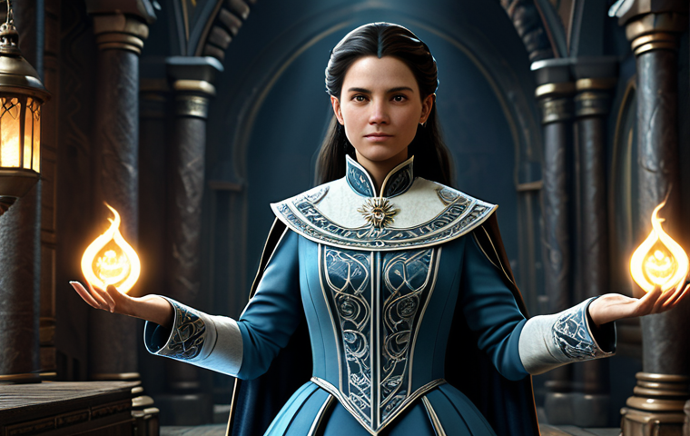 A professional female Arcanist character from the game Reverse: 1999 stands poised, embodying strategic depth. She wears a highly detailed, professional, and modest historical-inspired outfit with intricate patterns and rich textures, fully clothed, appropriate attire, professional dress. The background is a beautifully rendered, ethereal game world featuring subtle, time-bending visual effects and arcane symbols, hinting at the game's magical realism. This image is professional studio photography, high resolution, with soft cinematic lighting and intricate details, displaying perfect anatomy, correct proportions, natural body proportions, well-formed hands, and proper finger count. safe for work, appropriate content, fully clothed, modest, family-friendly.