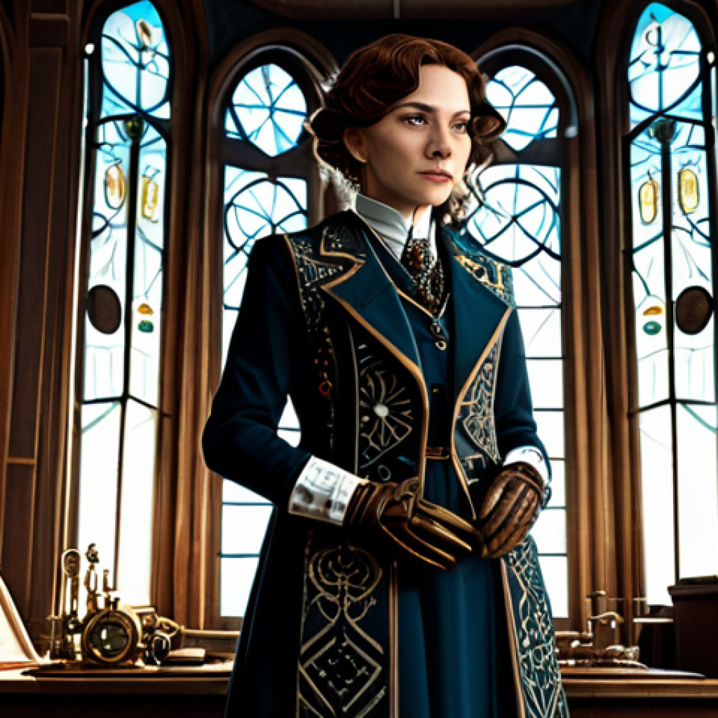 A professional, elegant female character in the distinctive Reverse: 1999 art style. She wears a modest, fully clothed, tailored ensemble that blends steampunk and Art Deco influences, featuring intricate gear patterns on a vest and geometric embroidery on a long coat, complete with a vintage brooch and sophisticated gloves. She stands in a dimly lit, ornate study, with light filtering through a large, stained-glass window, surrounded by antique furniture and brass scientific instruments. The scene features rich textures and a mysterious atmosphere. perfect anatomy, correct proportions, natural pose, well-formed hands, proper finger count, natural body proportions, professional dress, appropriate attire, safe for work, appropriate content, modest, professional, high quality concept art, intricate details, cinematic lighting.