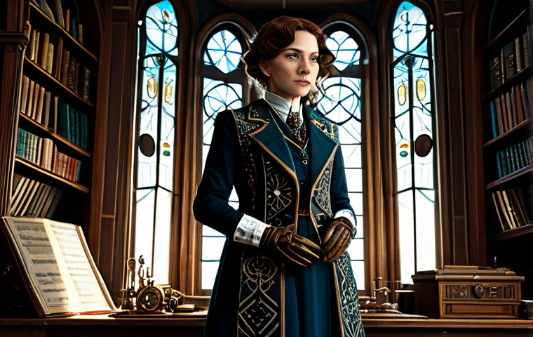A professional, elegant female character in the distinctive Reverse: 1999 art style. She wears a modest, fully clothed, tailored ensemble that blends steampunk and Art Deco influences, featuring intricate gear patterns on a vest and geometric embroidery on a long coat, complete with a vintage brooch and sophisticated gloves. She stands in a dimly lit, ornate study, with light filtering through a large, stained-glass window, surrounded by antique furniture and brass scientific instruments. The scene features rich textures and a mysterious atmosphere. perfect anatomy, correct proportions, natural pose, well-formed hands, proper finger count, natural body proportions, professional dress, appropriate attire, safe for work, appropriate content, modest, professional, high quality concept art, intricate details, cinematic lighting.