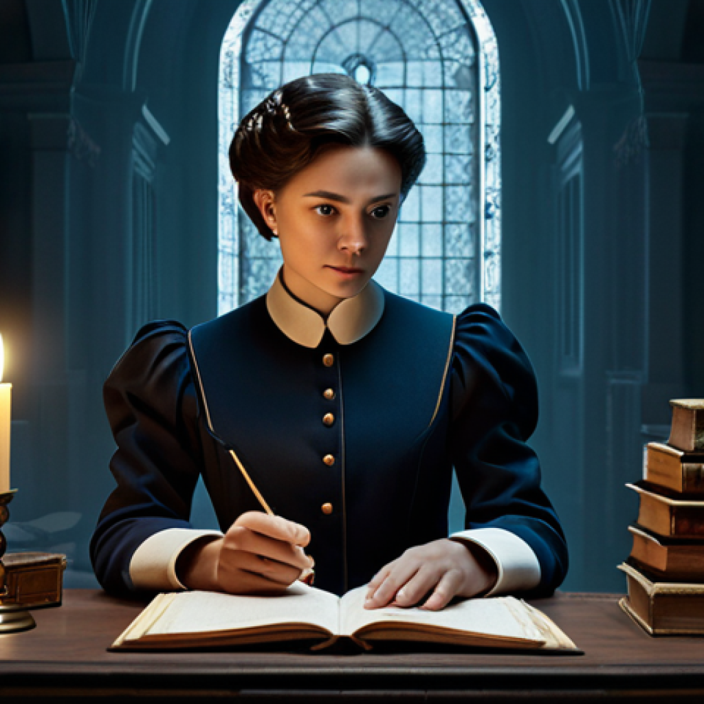 A professional female archivist, resembling a time-traveler, dressed in a modest, elegant uniform with subtle vintage elements and a modern silhouette. She stands in a dimly lit, richly detailed study filled with ancient-looking books and documents. A glowing, ethereal temporal portal shimmers in the background, hinting at different eras. The scene emphasizes historical elements blending with futuristic accents. She holds a quill and an open journal, appearing thoughtful and deeply engaged in unraveling mysteries. Cinematic lighting, high-resolution, professional photography style, detailed textures. safe for work, appropriate content, fully clothed, professional dress, perfect anatomy, correct proportions, natural pose, well-formed hands, proper finger count, natural body proportions.