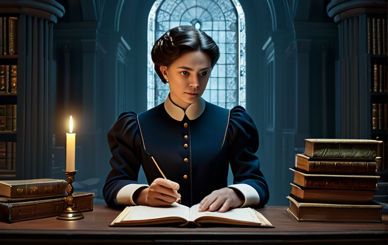A professional female archivist, resembling a time-traveler, dressed in a modest, elegant uniform with subtle vintage elements and a modern silhouette. She stands in a dimly lit, richly detailed study filled with ancient-looking books and documents. A glowing, ethereal temporal portal shimmers in the background, hinting at different eras. The scene emphasizes historical elements blending with futuristic accents. She holds a quill and an open journal, appearing thoughtful and deeply engaged in unraveling mysteries. Cinematic lighting, high-resolution, professional photography style, detailed textures. safe for work, appropriate content, fully clothed, professional dress, perfect anatomy, correct proportions, natural pose, well-formed hands, proper finger count, natural body proportions.