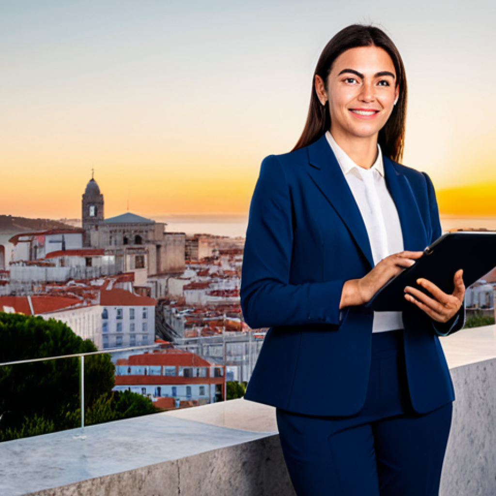 **

"A professional businesswoman in a tailored, dark blue business suit, standing confidently in front of the Lisbon skyline at sunset, holding a tablet. Fully clothed, appropriate attire, safe for work, perfect anatomy, natural proportions, professional photography, high quality, family-friendly. The lighting is warm and inviting. The overall aesthetic is modern and sophisticated. She is smiling slightly."

**