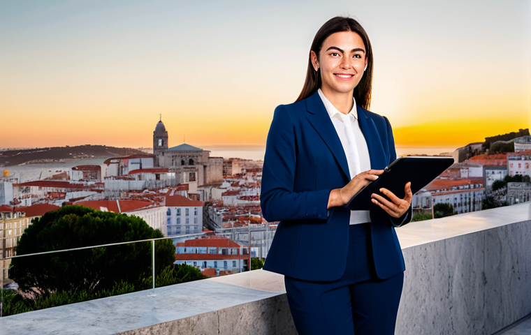 **

"A professional businesswoman in a tailored, dark blue business suit, standing confidently in front of the Lisbon skyline at sunset, holding a tablet. Fully clothed, appropriate attire, safe for work, perfect anatomy, natural proportions, professional photography, high quality, family-friendly. The lighting is warm and inviting. The overall aesthetic is modern and sophisticated. She is smiling slightly."

**