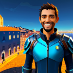 Maximizing Resources**

A player character (customizable avatar, fully clothed) surrounded by glowing icons representing in-game resources (Moedas, Materiais de Ascensão, Cristais). The background is a vibrant, stylized cityscape reminiscent of Lisbon, Portugal. UI elements float subtly around the avatar, displaying resource counts. Character should be smiling and confident. Appropriate attire, professional, safe for work, perfect anatomy, natural proportions, family-friendly.

**