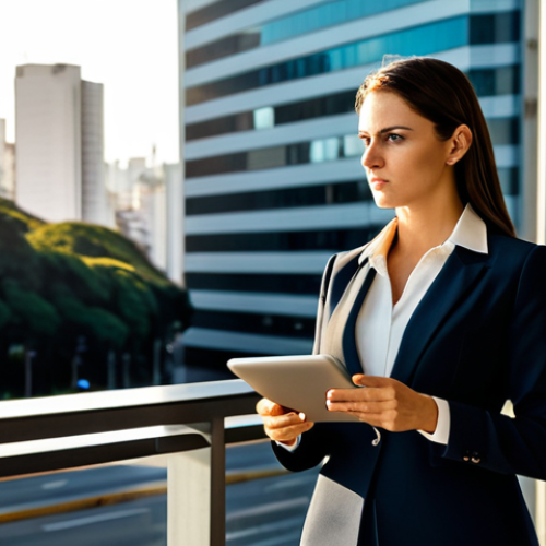 **

A sharply dressed businesswoman in a tailored pantsuit, stands confidently in a modern São Paulo office overlooking Avenida Paulista. She is holding a tablet displaying financial data. The scene is bathed in the warm light of a late afternoon sun. Fully clothed, appropriate attire, safe for work, perfect anatomy, natural proportions, professional photography, high quality.

**
