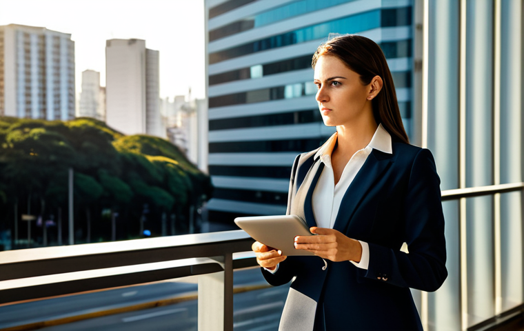 **

A sharply dressed businesswoman in a tailored pantsuit, stands confidently in a modern São Paulo office overlooking Avenida Paulista. She is holding a tablet displaying financial data. The scene is bathed in the warm light of a late afternoon sun. Fully clothed, appropriate attire, safe for work, perfect anatomy, natural proportions, professional photography, high quality.

**