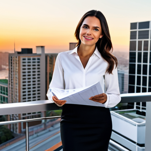 **

"A professional female architect, fully clothed in a stylish business casual outfit appropriate for a warm climate, standing on the balcony of a modern office building overlooking a vibrant cityscape at sunset. She is holding architectural plans. Safe for work, appropriate content, perfect anatomy, natural proportions, professional photography, well-formed hands, proper finger count, family-friendly."

**