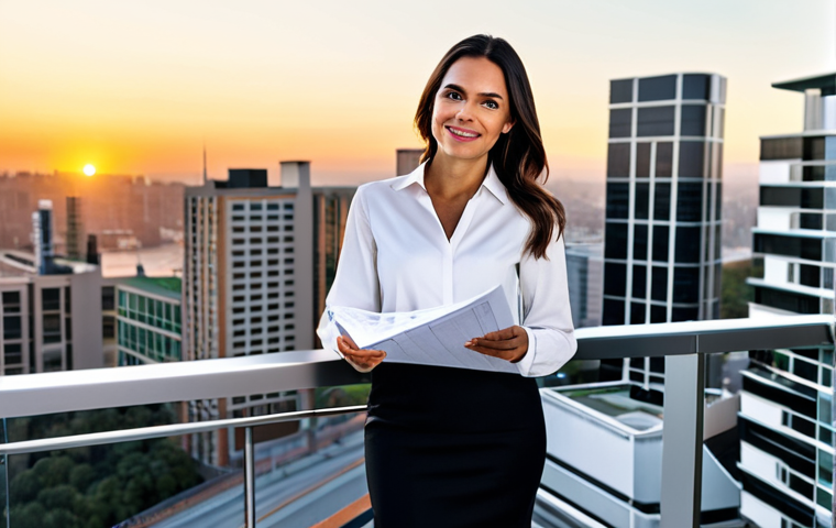 **

"A professional female architect, fully clothed in a stylish business casual outfit appropriate for a warm climate, standing on the balcony of a modern office building overlooking a vibrant cityscape at sunset. She is holding architectural plans. Safe for work, appropriate content, perfect anatomy, natural proportions, professional photography, well-formed hands, proper finger count, family-friendly."

**