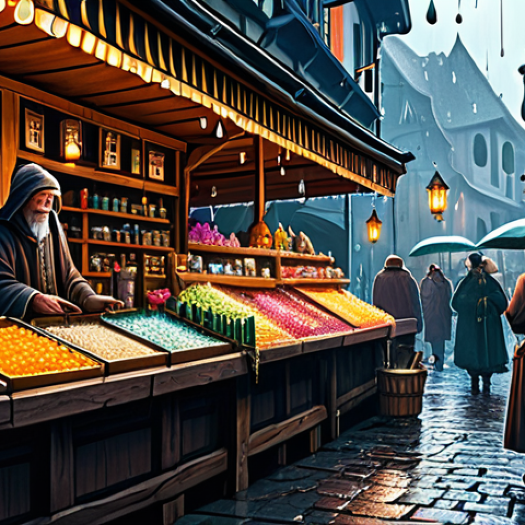 리버스 1999 스킬 레벨업 비용 - **Prompt:** A vibrant fantasy marketplace scene filled with stalls selling colorful skill ascension ...