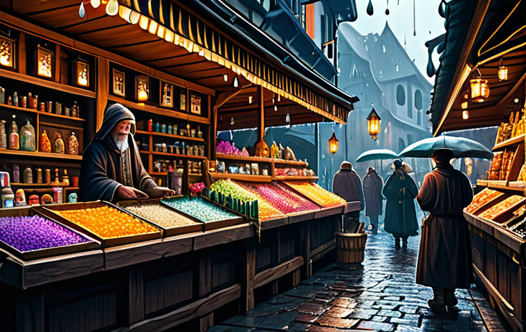 리버스 1999 스킬 레벨업 비용 - **Prompt:** A vibrant fantasy marketplace scene filled with stalls selling colorful skill ascension ...