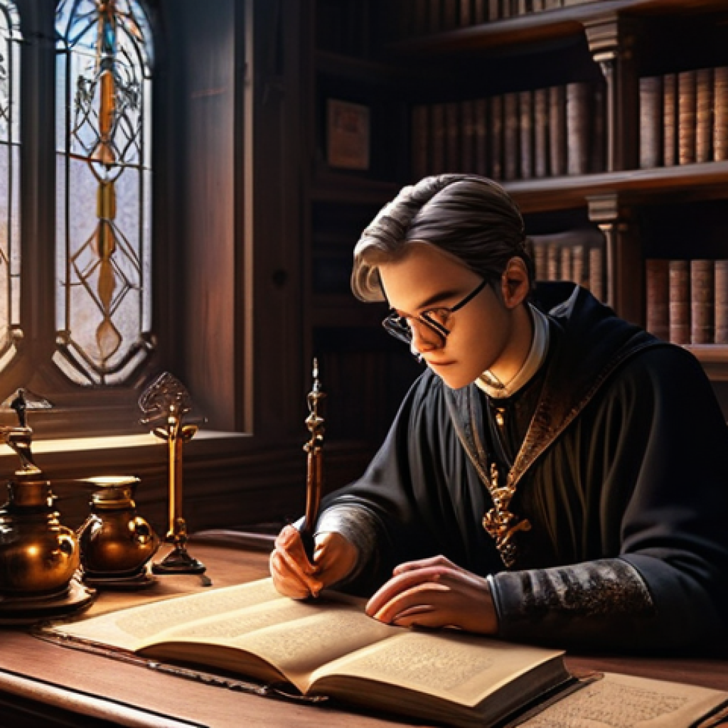 리버스 1999 일일 도전 과제 - **Prompt: The Diligent Arcanist's Study**
An intricately detailed scene set in a cozy, slightly ...
