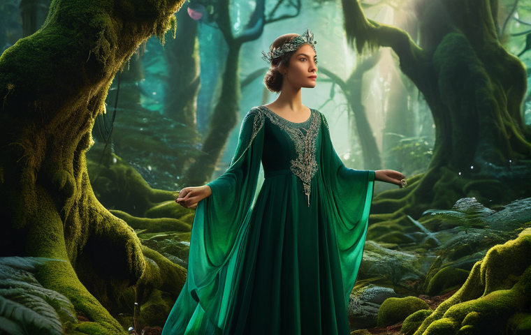 리버스 1999 최고의 팀 조합 - A whimsical young sorceress stands in a vibrant, enchanted forest. She wears a modest, flowing gown ...