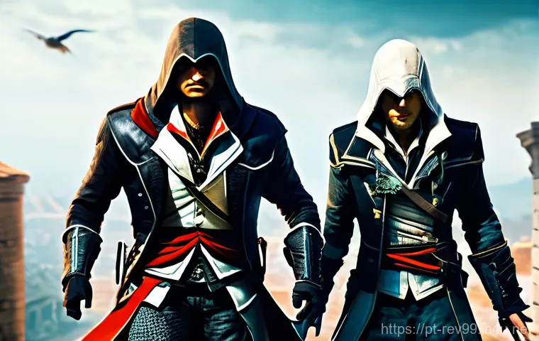 리버스 1999 팬덤 문화의 성장 - Vertin and the Assassin's Creed characters are engaged in a collaborative action pose, perhaps wardi...