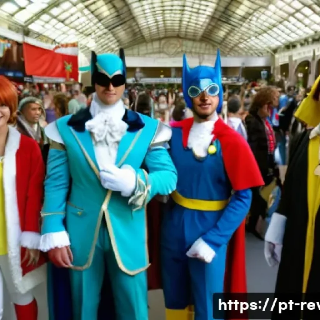 리버스 1999 팬들과 함께하는 이벤트 - **Prompt:** "A group of cosplayers at a *Reverse: 1999* fan convention in Lisbon, Portugal. The cosp...