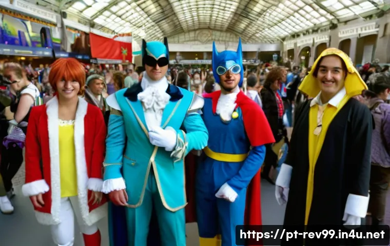 리버스 1999 팬들과 함께하는 이벤트 - **Prompt:** "A group of cosplayers at a *Reverse: 1999* fan convention in Lisbon, Portugal. The cosp...