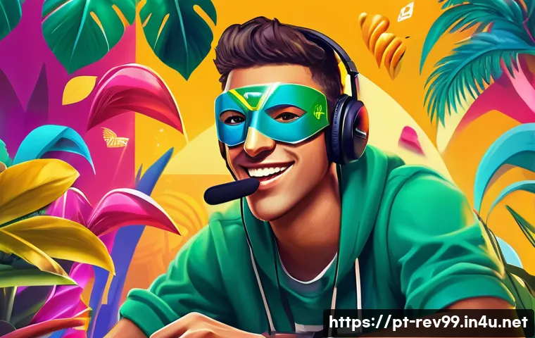 리버스 1999 공식 SNS 이벤트 - A vibrant digital art scene depicting a passionate gamer from Brazil actively participating in the R...