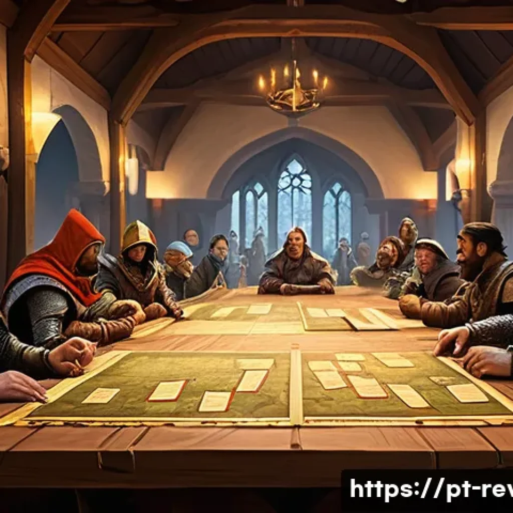리버스 1999 최고의 길드 조언 - A vibrant and dynamic fantasy guild hall scene showing a diverse group of players gathered around a ...