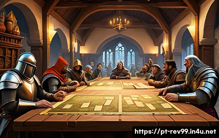 리버스 1999 최고의 길드 조언 - A vibrant and dynamic fantasy guild hall scene showing a diverse group of players gathered around a ...