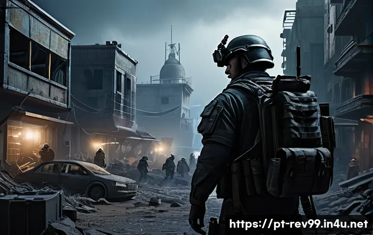 리버스 1999 신규 퀘스트 체험기 - A tense and atmospheric scene of a strategic mission in a dystopian urban environment at dusk, featu...