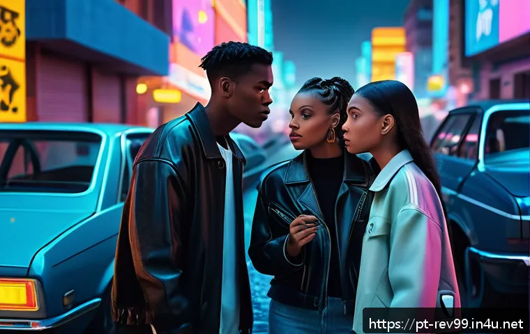 리버스 1999 글로벌 팬 커뮤니티 - A futuristic retro-style urban scene inspired by Reverse:1999, featuring a diverse group of young ad...