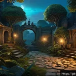 Home 22 리버스 1999 공식 위키 활용법 - A detailed fantasy game map scene showcasing a dynamic, living environment with dense forests, ancie...
