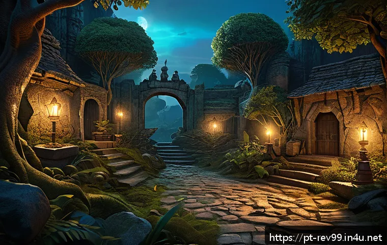 리버스 1999 공식 위키 활용법 - A detailed fantasy game map scene showcasing a dynamic, living environment with dense forests, ancie...
