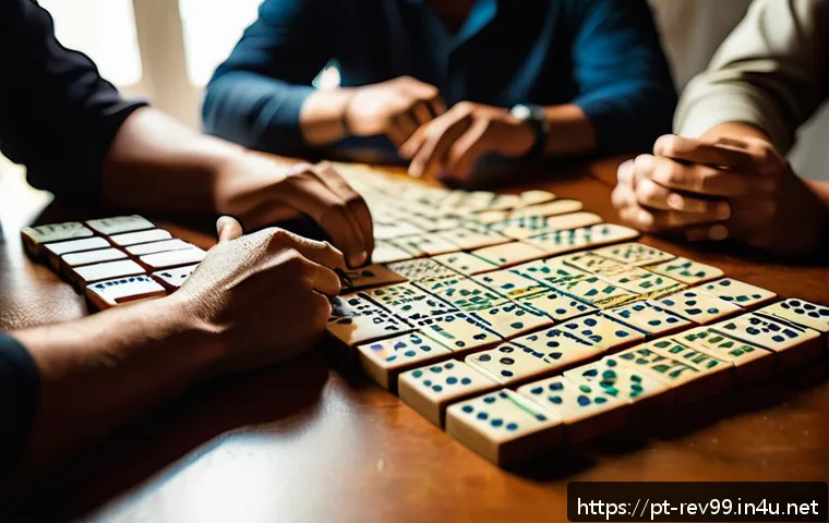 리버스 1999 고급 유저 가이드 - A detailed and atmospheric scene of an intense domino game in progress between diverse adult players...