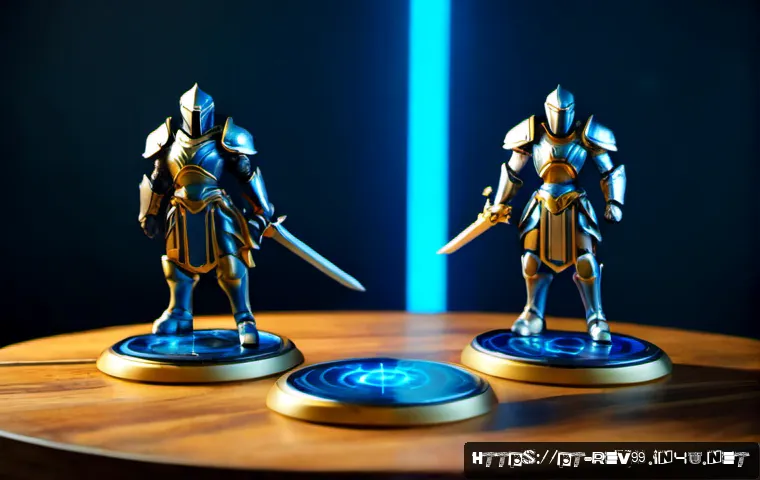 Home 17 리버스 1999 필수 PvP 조합 - Photorealistic esports strategy desk scene, three distinct gaming figurines arranged as a balanced P...