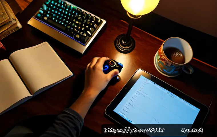 Home 17 리버스 1999 초보자를 위한 레벨링 가이드 - Photorealistic overhead view of a beginner fantasy game player’s organized desk, hands using a contr...