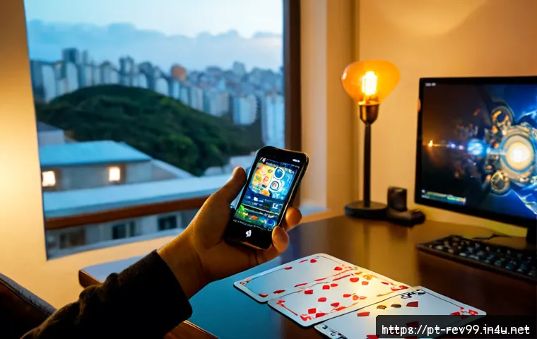 Home 17 리버스 1999 유저 추천 스토리 콘텐츠 - Photorealistic cozy gaming desk in a Brazilian apartment at dusk, young adult player holding a smart...