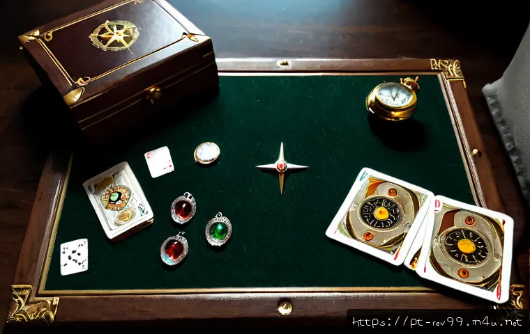 리버스 1999 최고의 장비 세팅 - Photorealistic top-down view of a carefully optimized fantasy time-travel game equipment layout on a...