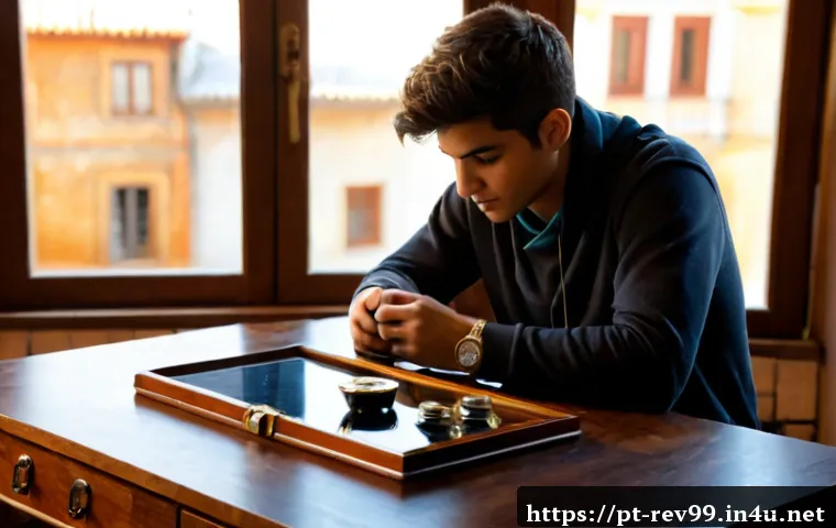 리버스 1999 초보자 장비 선택 - Photorealistic young adult gamer comparing two fantasy-inspired equipment sets on a neat wooden desk...
